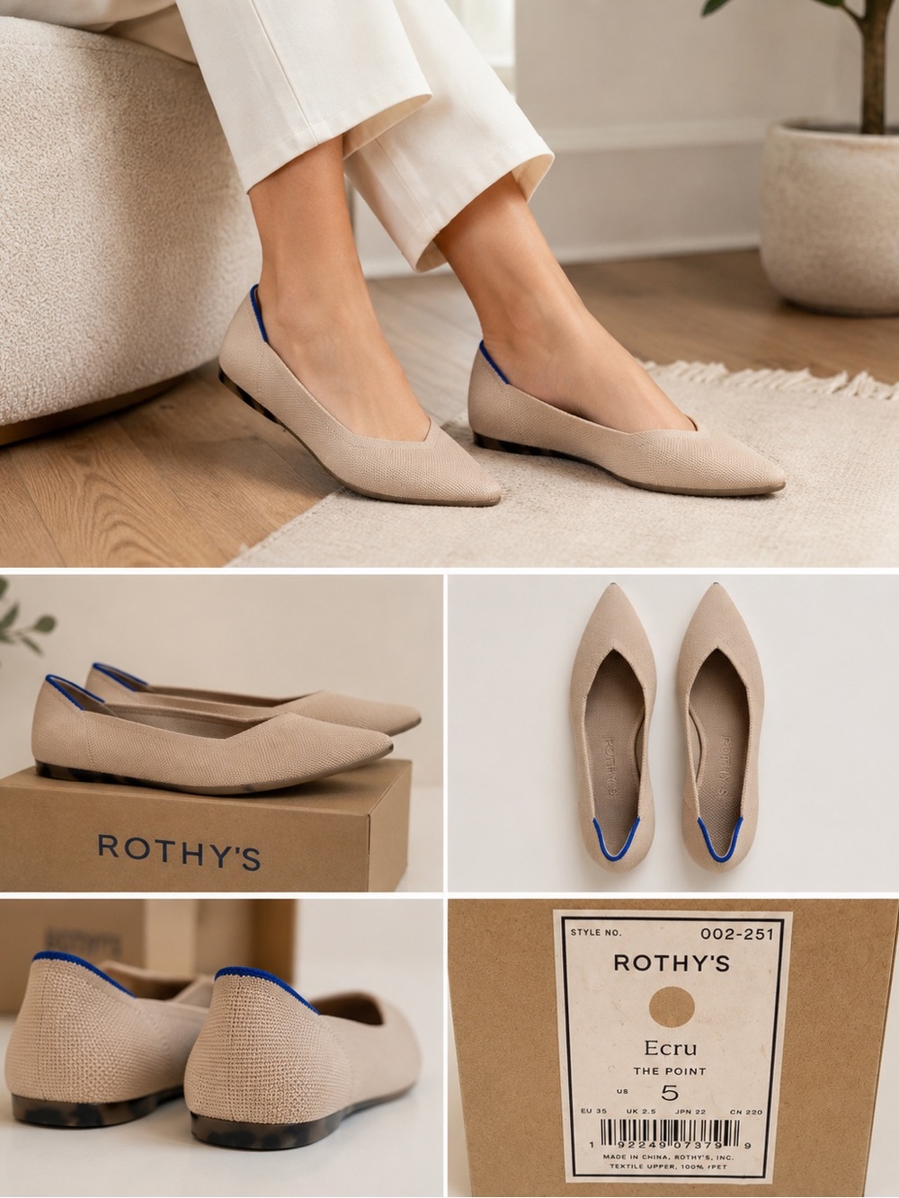 Rothy's Ecru Pointed Ballet Flats with Blue Trim